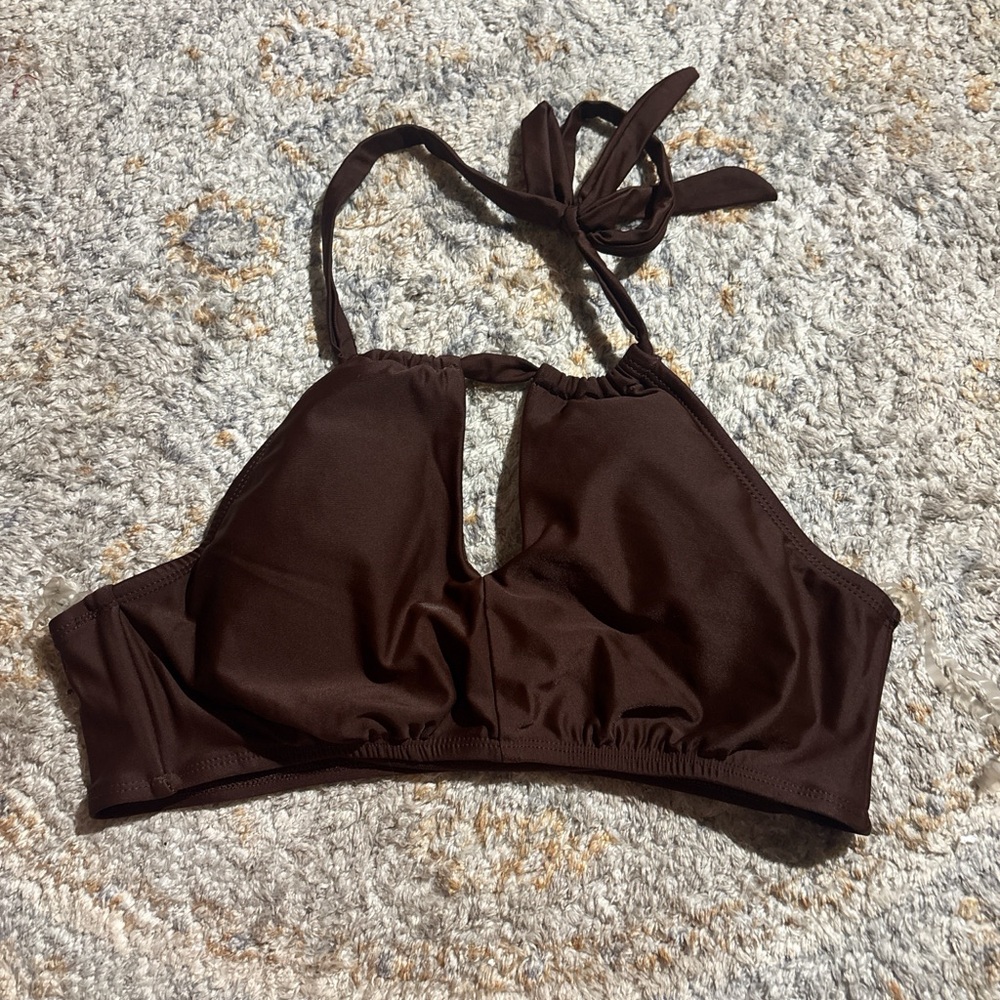 Time and Tru Brown Halter Swim Top with Keyhole Detail
